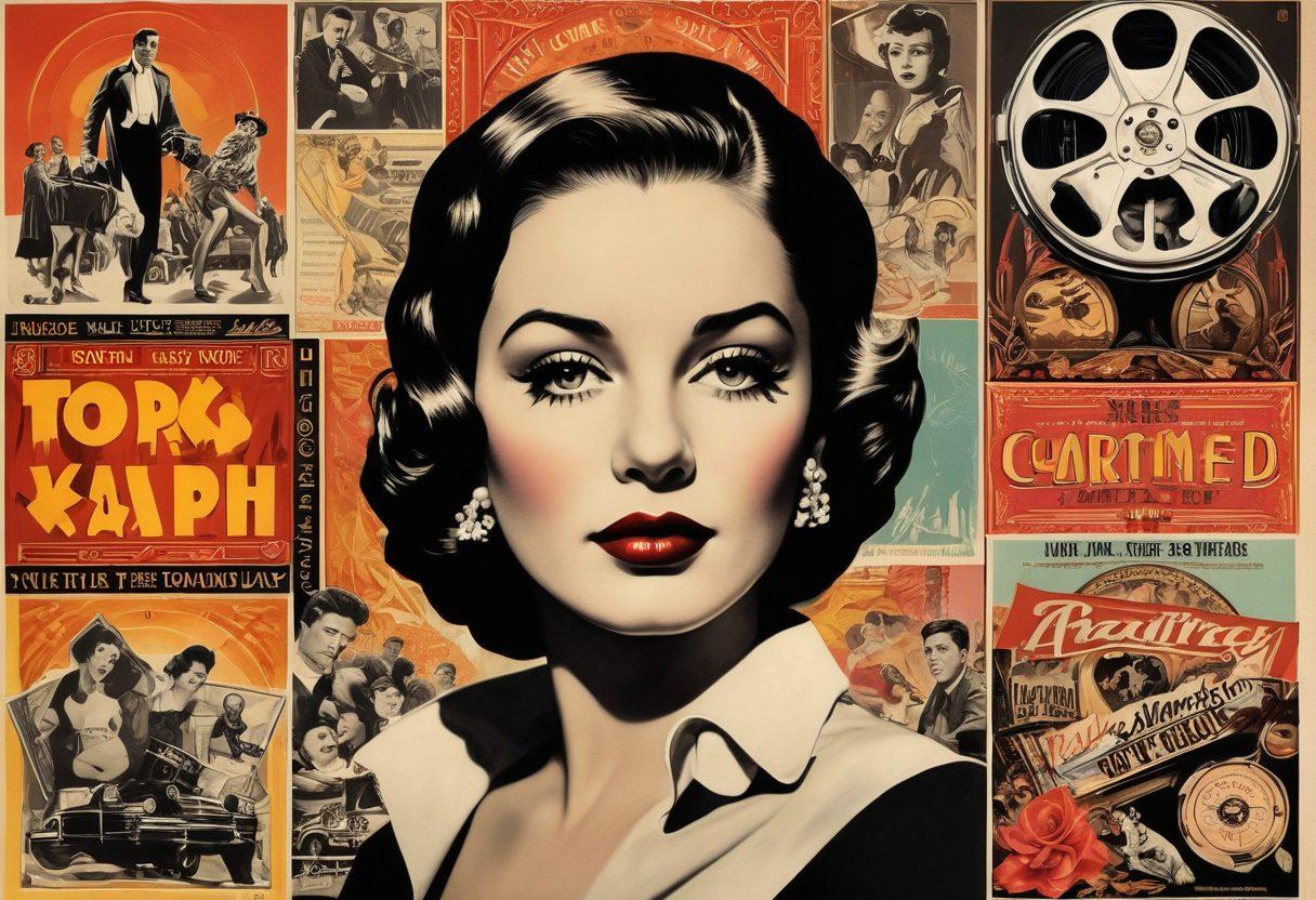 A colorful collage of iconic X-rated film posters, layered on top of vintage cinema elements like film reels and popcorn, juxtaposed with cultural symbols representing influences on society. Include dramatic lighting to emphasize the contrast between controversy and art. Art Deco style. vibrant colors.