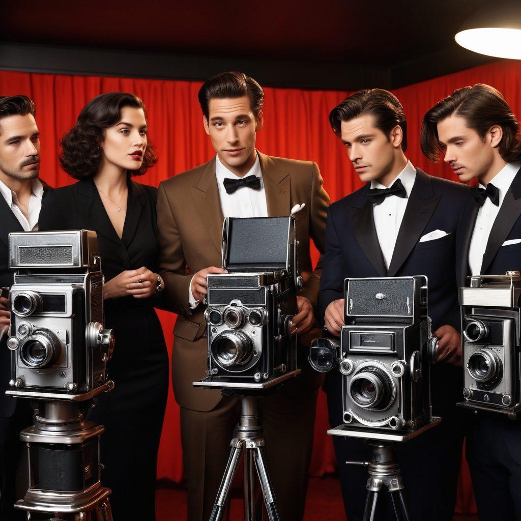 A bold vignette showing a confident, diverse group of actors on a film set, surrounded by vintage cameras and modern filming equipment. The backdrop features a juxtaposition of classic Hollywood glamour with contemporary edgy aesthetics, symbolizing the evolution of mature content in the adult film industry. Subtle hints of evolution, such as film reels transforming into digital screens. The ambiance should blend playfulness and sophistication. vibrant colors. cinematic style.