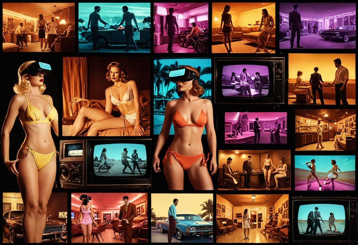 A dynamic collage showcasing the evolution of adult entertainment, featuring iconic scenes from vintage adult films on one side transitioning to modern X-rated technology, such as VR experiences, on the other. Include vintage film reels and modern tech elements like VR headsets and streaming devices intertwined. Use bold colors to create an engaging and provocative visual narrative. The background should subtly blend from sepia tones to vibrant neon, illustrating the transformation over time. super-realistic. vibrant colors. dramatic lighting.